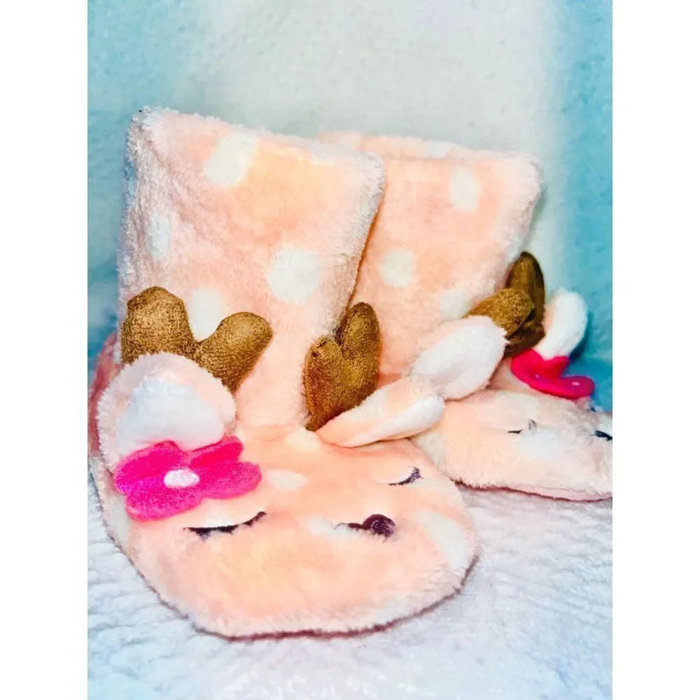 Cat & Jack Pink White Polka Dot‎ Slipper Reindeer Pair Size M 2-3T Months NEW